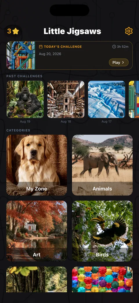 Little Jigsaws home screen with today's Daily Challenge, past challenges, and the category grid