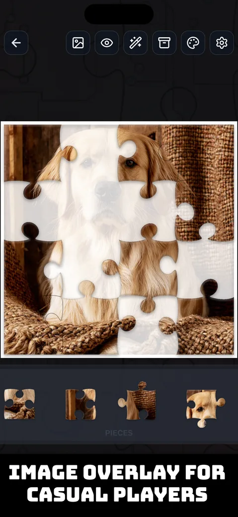 The image overlay reference feature, shown on a golden retriever puzzle