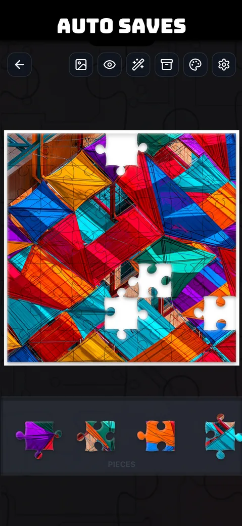 A colorful abstract geometric puzzle, showing the app's auto-save feature