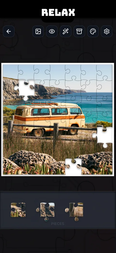 A relaxing beach and camper van puzzle scene