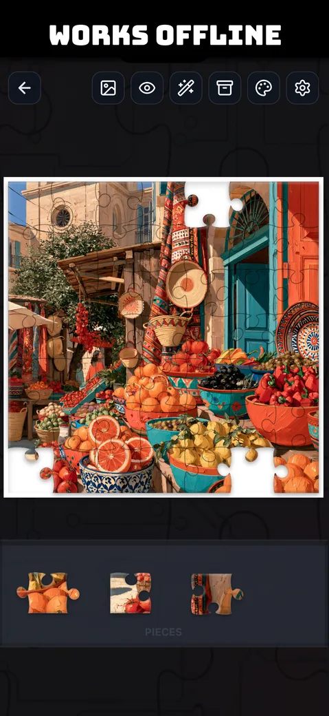 A colorful market street painting puzzle, demonstrating offline play