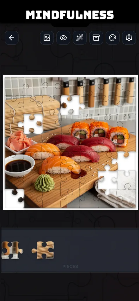 A sushi platter puzzle scene, promoting mindful, relaxing gameplay
