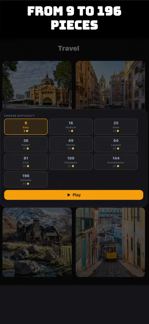 Difficulty picker for the Travel category, showing options from 9 to 196 pieces